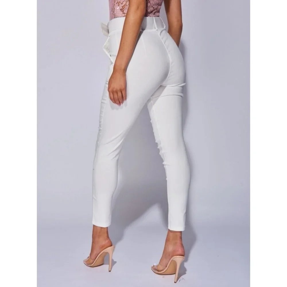 White High Waist Buckle Belt Tapered Cropped Straight Leg Ankle Pants - Picture 8 of 14